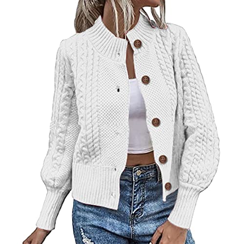 TURWXGSO Damen Herbst Cardigan Taste Lange Ballonärmel Rundhals Einfarbig Strickpullover Casual Tägliches Tragen Offene Vorderseite Kurzer Mantel Gestrickt Oberbekleidung S-XL von TURWXGSO