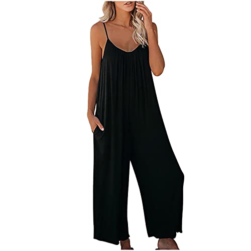 Damen Jumpsuit Sommer Loose Fit Jumpsuit Ärmellos Overall Lang Weites Bein Freizeithose mit Taschen Strampler Lange Playsuit Hose Lässig Hosenanzug Einfarbig/Bedruckter Overall für Frauen von TURWXGSO