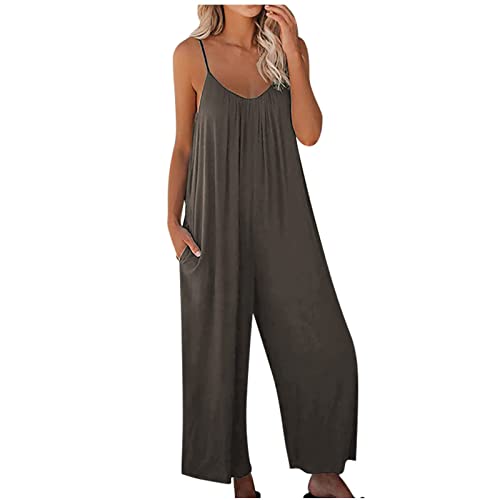 TURWXGSO Damen Jumpsuit Sommer Loose Fit Jumpsuit Ärmellos Overall Lang Weites Bein Freizeithose mit Taschen Strampler Lange Playsuit Hose Lässig Hosenanzug Einfarbig/Bedruckter Overall für Frauen von TURWXGSO