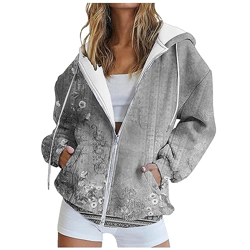 TURWXGSO Damen Kapuzenjacke Kapuzenpullover Oversize Sweatjacke Sweatshirt Übergangsjacke Zip Hoodie Bedrucktes Sweatshirt Mit Kapuze Und Reißverschluss Langarm Sweatshirt Strickjacke von TURWXGSO