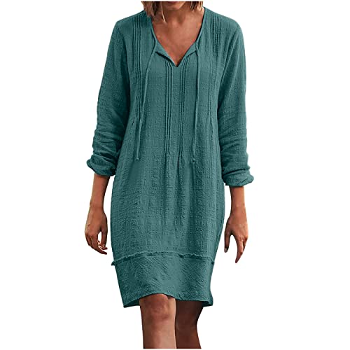 TURWXGSO Damen-Kleid aus Baumwolle und Leinen mit V-Ausschnitt, Lockerem Dreiviertelärmeln, festem, knielangem Kleid, salbeifarbenem Kleid für Frauen von TURWXGSO