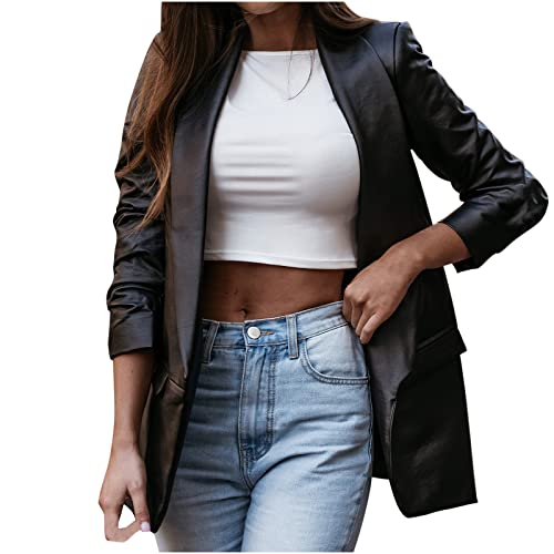 TURWXGSO Damen Leder Blazer Elegant Umlegekragen Langarm Kunstleder Damen Anzug Volltonfarbe Knopf/Vorne Offen Herbst Schwarz Weiß Jacke Lässige Strickjacke Lose Kurz Mantel Oberbekleidung von TURWXGSO