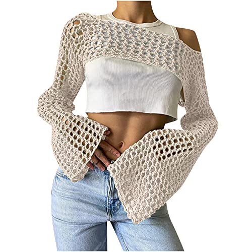 TURWXGSO Damen Oberteile Hollow Out Häkel-Strickpullover Crop Tops Rundhals Skelett Langarm Pullover Cropped Pullover Cover Up Pullover Tops Y2K Streetwear Einfarbig Langarm-Strickbluse von TURWXGSO