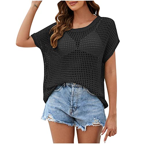 TURWXGSO Damen Oberteile Kurzarm Shirt Häkeltop Cut-Out Top Sommer Neue Frauen Solide Farbe Bluse Lockere Oberteile Große Größen Gestrickt Shirt Damenbluse Sexy Cover-Ups von TURWXGSO