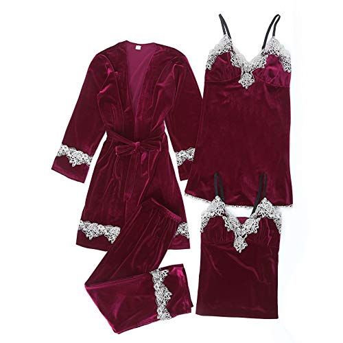 TURWXGSO Damen Pyjama Set 4-Teiliges Samt Retro Nightwear Vintage-Nachthemd Nachtrobe Schlafanzug Set Frauen Hausanzug Nachtwäsche mit Blumenmuster (1 Bademantel+1 Minikleid+1 Gürtel+1 Cami) von TURWXGSO