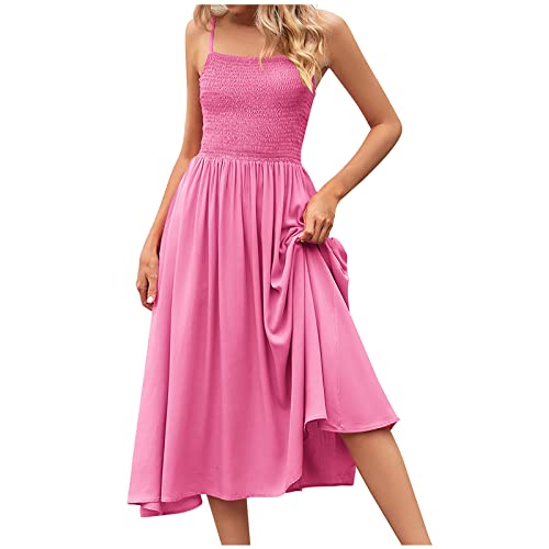 TURWXGSO Damen-Sommerkleid, V-Ausschnitt, ärmellos, schulterfrei, einfarbig, Cami, langes Kleid, Spaghettiträger, Midi-Kleid, Strandkleider, Ausgehen, Urlaub, Freizeitkleider, Farbe: Pink, X-Large von TURWXGSO