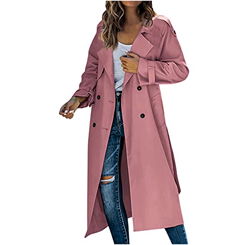 TURWXGSO Damen Trenchcoat Lang Leicht Jacke mit Gürtel Elegant Gehschlitz Zweireihiger Mantel Damen Mode Frühling Herbst Übergangsjacke Büro Business Freizeit Einfarbig Mittellang Mantel von TURWXGSO