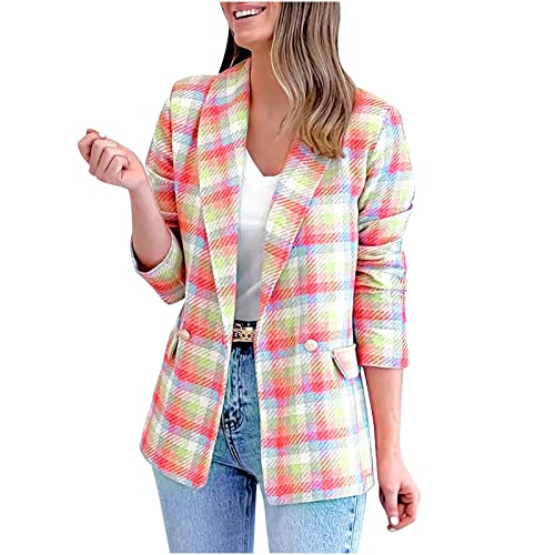 TURWXGSO Damen Zweireihig Blazer Karierte Jacke Elegante Knopf Reverskragen Langarm Karo Muster Vorne Offene Mantel Casual Büro Damenanzug Suit Cardigan Jacke Übergangsmantel s-xxl von TURWXGSO
