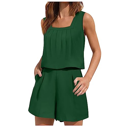 TURWXGSO Damen Zweiteilige Freizeit Set Sommer Tank Top+ Shorts Quadrat Halsband Top Und Shorts Set Zweiteiler Damen Sommer Set Einfarbig Kurze Sporthose Crop Top Und Shorts Set Hausanzug Sets von TURWXGSO