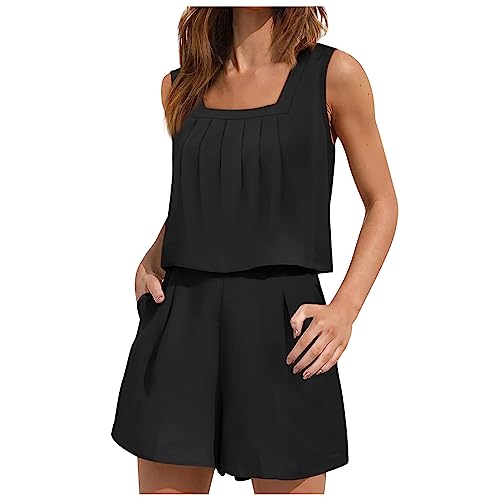 TURWXGSO Damen Zweiteilige Freizeit Set Sommer Tank Top+ Shorts Quadrat Halsband Top Und Shorts Set Zweiteiler Damen Sommer Set Einfarbig Kurze Sporthose Crop Top Und Shorts Set Hausanzug Sets von TURWXGSO