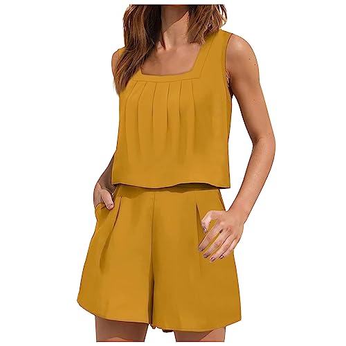 TURWXGSO Damen Zweiteilige Freizeit Set Sommer Tank Top+ Shorts Quadrat Halsband Top Und Shorts Set Zweiteiler Damen Sommer Set Einfarbig Kurze Sporthose Crop Top Und Shorts Set Hausanzug Sets von TURWXGSO