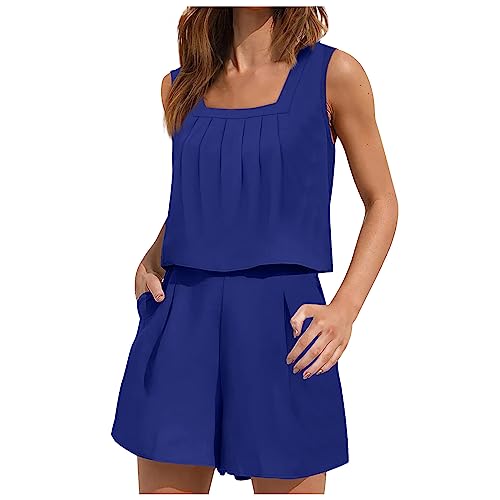 TURWXGSO Damen Zweiteilige Freizeit Set Sommer Tank Top+ Shorts Quadrat Halsband Top Und Shorts Set Zweiteiler Damen Sommer Set Einfarbig Kurze Sporthose Crop Top Und Shorts Set Hausanzug Sets von TURWXGSO