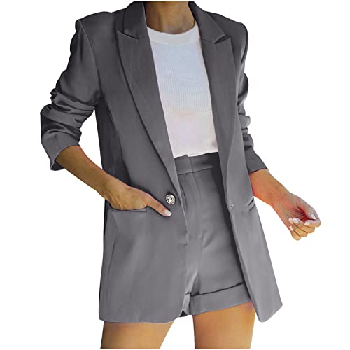 TURWXGSO Damen Zweiteiliger Anzug Set Revers Business Büro Einfarbig Blazer Langarm Anzugjacke Slim Fit Shorts 2 Stück Anzugsets Blazer Jacke + Shorts Blazer Anzug Sommer Und Herbst Großen Größen von TURWXGSO