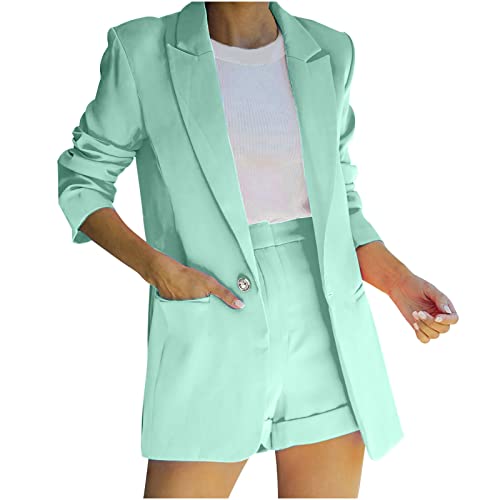 TURWXGSO Damen Zweiteiliger Anzug Set Revers Business Büro Einfarbig Blazer Langarm Anzugjacke Slim Fit Shorts 2 Stück Anzugsets Blazer Jacke + Shorts Blazer Anzug Sommer Und Herbst Großen Größen von TURWXGSO