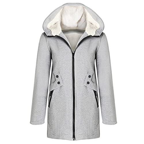 TURWXGSO Fleecejacke Damen Warm Gefüttert Herbst Winterjacke Damen Lang Kapuzenjacke Reißverschluss Tasche Einfarbig Sweatjacke Elegante Outwear Mittellang Mantel Große Größe (EU Größe 34-48) von TURWXGSO