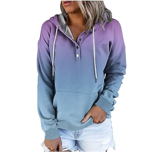 TURWXGSO Hoodie Damen Sweatshirt Lässiges Langarm V-Ausschnitt Pullover Mit Knöpfen Farbverlaufsdruck/Streifendruck Sweatshirt Warme Pulli Casual Bequem Hoodie Sport Shirt von TURWXGSO