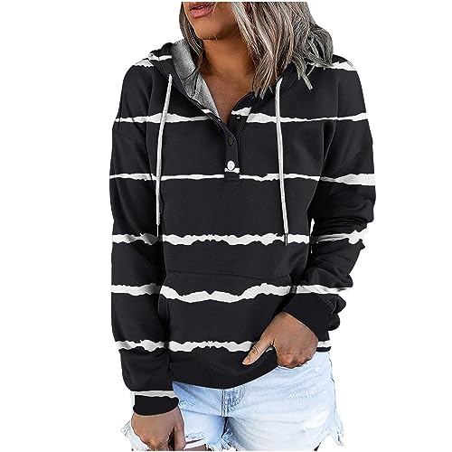 TURWXGSO Hoodie Damen Sweatshirt Lässiges Langarm V-Ausschnitt Pullover Mit Knöpfen Farbverlaufsdruck/Streifendruck Sweatshirt Warme Pulli Casual Bequem Hoodie Sport Shirt von TURWXGSO