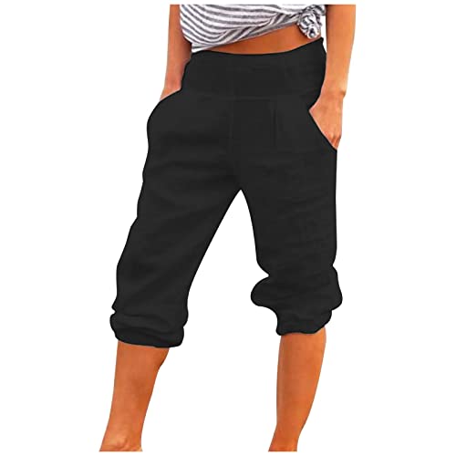 TURWXGSO Hosen Damen Sommer Hose Jogginghose 3/4 Sporthose Hose Leinenhose Sommer Freizeithose Leicht Strandhose Einfarbig Casual Locker Stoffhose Elegant Linen Hosen Trainingshose Mit Taschen von TURWXGSO