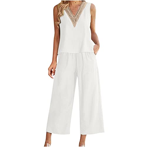 TURWXGSO Hosenanzug Damen 2 Teiler Hosenanzug Sommer Baumwolle Leinen Anzug Rundhals Ärmellos Top Solid Wide Leg Hosen Set Casual Hausanzug Zweiteiler Hosenanzug Sets Sexy Tank Top + Lose Hose von TURWXGSO