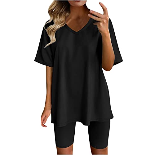 TURWXGSO Hosenanzug Damen Sommer Leicht 2 Teilig Loungewear Set Lässige Loose Yoga Set Bequem Freizeit Set Sommer Rundhals Tops Und Shorts Set Jogginganzug Trainingsanzug Frau Zweiteiler Anzug von TURWXGSO