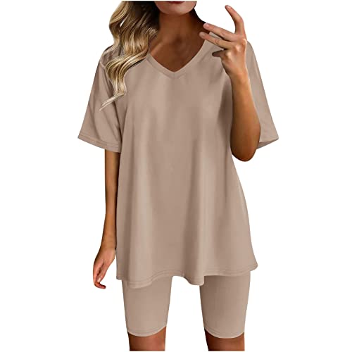 TURWXGSO Hosenanzug Damen Sommer Leicht 2 Teilig Loungewear Set Lässige Loose Yoga Set Bequem Freizeit Set Sommer Rundhals Tops Und Shorts Set Jogginganzug Trainingsanzug Frau Zweiteiler Anzug von TURWXGSO