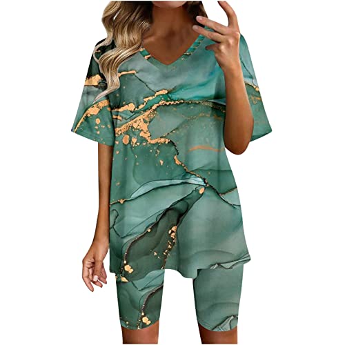 TURWXGSO Hosenanzug Damen Sommer Leicht 2 Teilig Loungewear Set Lässige Loose Yoga Set Bequem Freizeit Set Sommer Rundhals Tops Und Shorts Set Jogginganzug Trainingsanzug Frau Zweiteiler Anzug von TURWXGSO