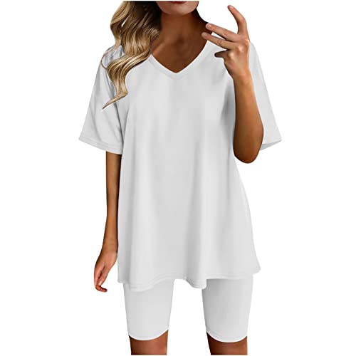 TURWXGSO Hosenanzug Damen Sommer Leicht 2 Teilig Loungewear Set Lässige Loose Yoga Set Bequem Freizeit Set Sommer Rundhals Tops Und Shorts Set Jogginganzug Trainingsanzug Frau Zweiteiler Anzug von TURWXGSO