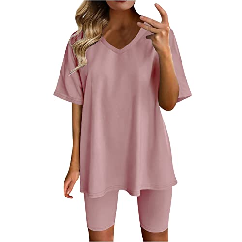 TURWXGSO Hosenanzug Damen Sommer Leicht 2 Teilig Loungewear Set Lässige Loose Yoga Set Bequem Freizeit Set Sommer Rundhals Tops Und Shorts Set Jogginganzug Trainingsanzug Frau Zweiteiler Anzug von TURWXGSO