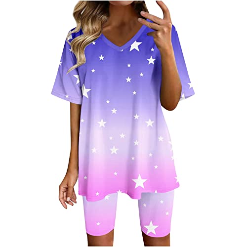 TURWXGSO Hosenanzug Damen Sommer Leicht 2 Teilig Loungewear Set Lässige Loose Yoga Set Bequem Freizeit Set Sommer Rundhals Tops Und Shorts Set Jogginganzug Trainingsanzug Frau Zweiteiler Anzug von TURWXGSO
