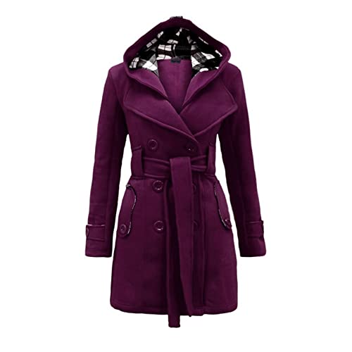 TURWXGSO Jacke Damen Kapuzenjacke mit Gürtel Retro Trenchcoat Elegant Zweireihig Langarm Mittellang Mantel Einfarbig Slim Fit Frühling Herbst Übergangsjacke Vintage Outdoor Streetwear von TURWXGSO