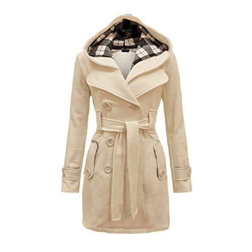 TURWXGSO Jacke Damen Kapuzenjacke mit Gürtel Retro Trenchcoat Elegant Zweireihig Langarm Mittellang Mantel Einfarbig Slim Fit Frühling Herbst Übergangsjacke Vintage Outdoor Streetwear von TURWXGSO