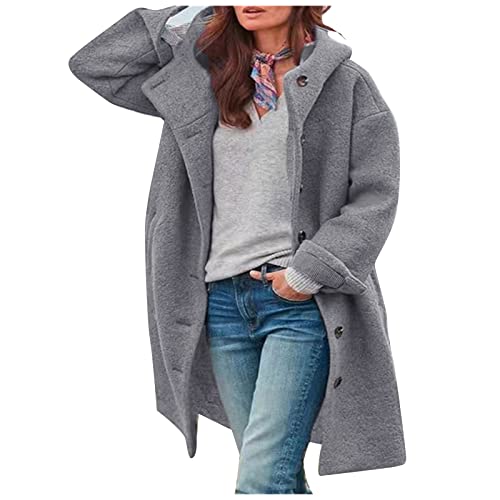 TURWXGSO Kapuzenjacke Damen Elegant Trenchcoat mit Knopf Einfarbig Mittellange Jacke Frühling Herbst Übergangsjacke Locker Mantel Hoodie Frauen Streetwear Outwear Lässig Freizeitjacke von TURWXGSO