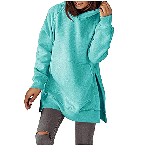 TURWXGSO Kapuzenpullover Damen Lang Hoodie mit Kapuze Split Tasche Elegant Schlitz Sportshirt Longshirt Einfarbig Loose Sweatshirt Freizeit Oberteile Top Frauen Teenager Mädchen Y2K Casual Bluse von TURWXGSO