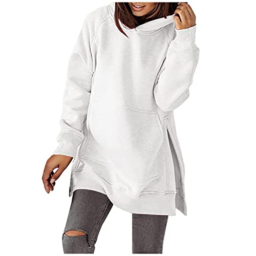 TURWXGSO Kapuzenpullover Damen Lang Hoodie mit Kapuze Split Tasche Elegant Schlitz Sportshirt Longshirt Einfarbig Loose Sweatshirt Freizeit Oberteile Top Frauen Teenager Mädchen Y2K Casual Bluse von TURWXGSO