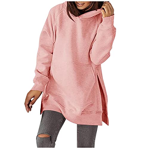 TURWXGSO Kapuzenpullover Damen Lang Hoodie mit Kapuze Split Tasche Elegant Schlitz Sportshirt Longshirt Einfarbig Loose Sweatshirt Freizeit Oberteile Top Frauen Teenager Mädchen Y2K Casual Bluse von TURWXGSO