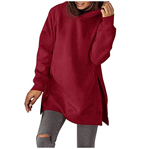 TURWXGSO Kapuzenpullover Damen Lang Hoodie mit Kapuze Split Tasche Elegant Schlitz Sportshirt Longshirt Einfarbig Loose Sweatshirt Freizeit Oberteile Top Frauen Teenager Mädchen Y2K Casual Bluse von TURWXGSO