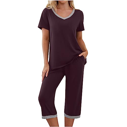 TURWXGSO Loungewear Damen Set Sommer Kurzarm Top Und 3/4 Hosen Pyjama Famulily Schlafanzug Damen Pyjama Set Herbst Pyjama V-Ausschnitt T-Shirt + Hosen Zweiteiliger 2 Teiler Mit Taschen von TURWXGSO