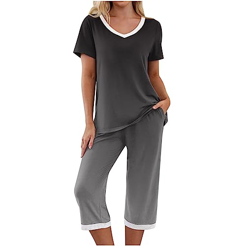 TURWXGSO Loungewear Damen Set Sommer Kurzarm Top Und 3/4 Hosen Pyjama Famulily Schlafanzug Damen Pyjama Set Herbst Pyjama V-Ausschnitt T-Shirt + Hosen Zweiteiliger 2 Teiler Mit Taschen von TURWXGSO