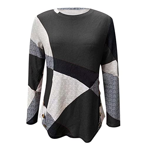 TURWXGSO Pullover Für Damen Langarm T-Shirts Modisch Geometrische Kontrastfarbe Shirts Rundhals Pullover Tunika Oberteile Lässig Locker Bequem T-Shirt Blusen Sweatshirt Sweater Mit Knöpfen von TURWXGSO