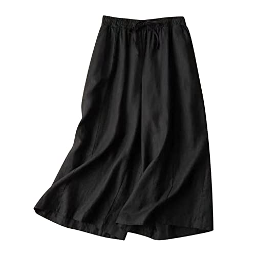 TURWXGSO Sommerhose für Damen, lockere Passform, lässig, Leinen, weites Bein, einfarbig, elastisch, Caprihose, Baumwolle und Leinen, atmungsaktiv, Strandhose, Übergröße, 2-schwarz, 50 von TURWXGSO