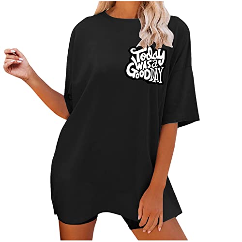 TURWXGSO Tshirt Damen Oversized Oberteile Kurzarm Rundhals Sommer T-Shirt Mit Buchstabendruck Sportshirt Sport Oberteile Sweatshirt O-Ausschnitt Oberteile Teenager Mädchen Lang Top Longshirt von TURWXGSO