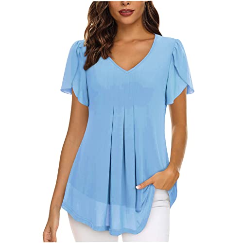 TURWXGSO Y2k Top Sommer Tops Für Frauen V-Ausschnitt Tunika Tops Dressy Kurzarm Chiffon Blusen Top Casual Einfarbige T-Shirts A-Linie Rüschen Shirt Tops Freizeit Plus Größe Flowy Pullover von TURWXGSO