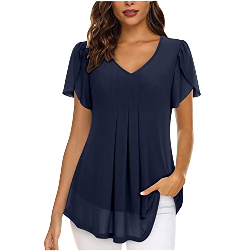 TURWXGSO Y2k Top Sommer Tops Für Frauen V-Ausschnitt Tunika Tops Dressy Kurzarm Chiffon Blusen Top Casual Einfarbige T-Shirts A-Linie Rüschen Shirt Tops Freizeit Plus Größe Flowy Pullover von TURWXGSO