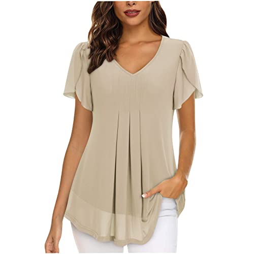 TURWXGSO Y2k Top Sommer Tops Für Frauen V-Ausschnitt Tunika Tops Dressy Kurzarm Chiffon Blusen Top Casual Einfarbige T-Shirts A-Linie Rüschen Shirt Tops Freizeit Plus Größe Flowy Pullover von TURWXGSO