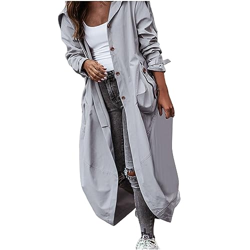 TURWXGSO damen trenchcoat mit kapuze Frühling Herbst Mantel lange Jacke einfarbig Lässig Trenchcoat Jacke langärmelig Revers Langer Trenchcoat Leichter einreihiger Trenchcoat mit großen Taschen von TURWXGSO