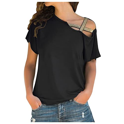 Y2k Top Sommer Tops Casual Kurzarm T-Shirt Shirts Top Sexy Schräge Schulter Kalte Schulter Bluse Top Rundhals Nette Blusen Workout Baumwolle Tunika Pullover Dressy Henley T-Shirt Tops von TURWXGSO