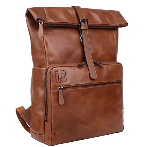 TUSC Taurus Premium Leder XL Rolltop Rucksack für Laptops bis 17,3 Zoll für Damen und Herren, Tagesrucksack Unisex, Daypack Vintage Braun, Größe 48x33x11 cm von TUSC