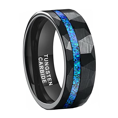 TUTISS 8 mm gehämmerte Wolframringe für Herren und Damen, Verlobungsring, Eheringe mit blauem Opal, mattes Finish, bequeme Passform, Metall, Kein Edelstein von TUTISS