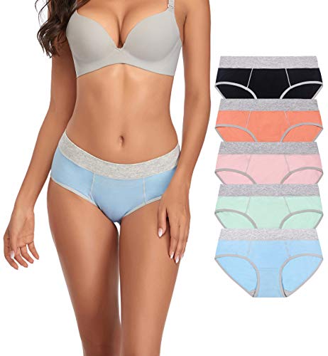 TUTUESTHER Baumwoll-Unterwäsche für Frauen, mittelhohe Taille, volle Abdeckung, Slips, Mädchen, Hipster, Slip, Teenager, Komfort, 5er-Pack Gr. 44, Hellblau/Grün/Rosa/Orange/Schwarz von TUTUESTHER