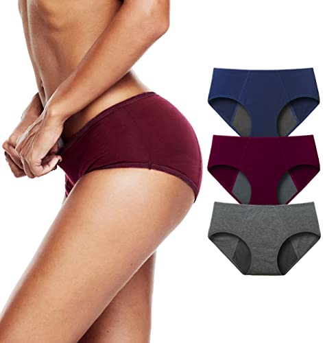 TUTUESTHER Damen Perioden Schlüpfer Menstruation Unterwäsche Auslaufsicher Höschen aus Baumwolle Absorbierend Unterhose Slip（L-EU 42, Grau/Weinrot/Navy blau） von TUTUESTHER